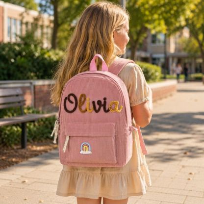 Personalisierter Kinderrucksack mit Namen aus Cord Tier oder Regenbogen-Patch als Geschenk für Kinder