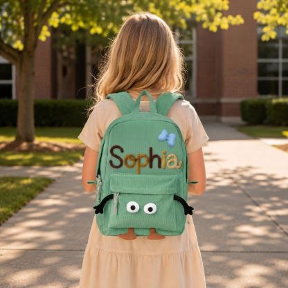 Personalisierter Kinderrucksack mit Namen aus Cord mit lustigem Comic-Gesicht als Geschenk für Kinder
