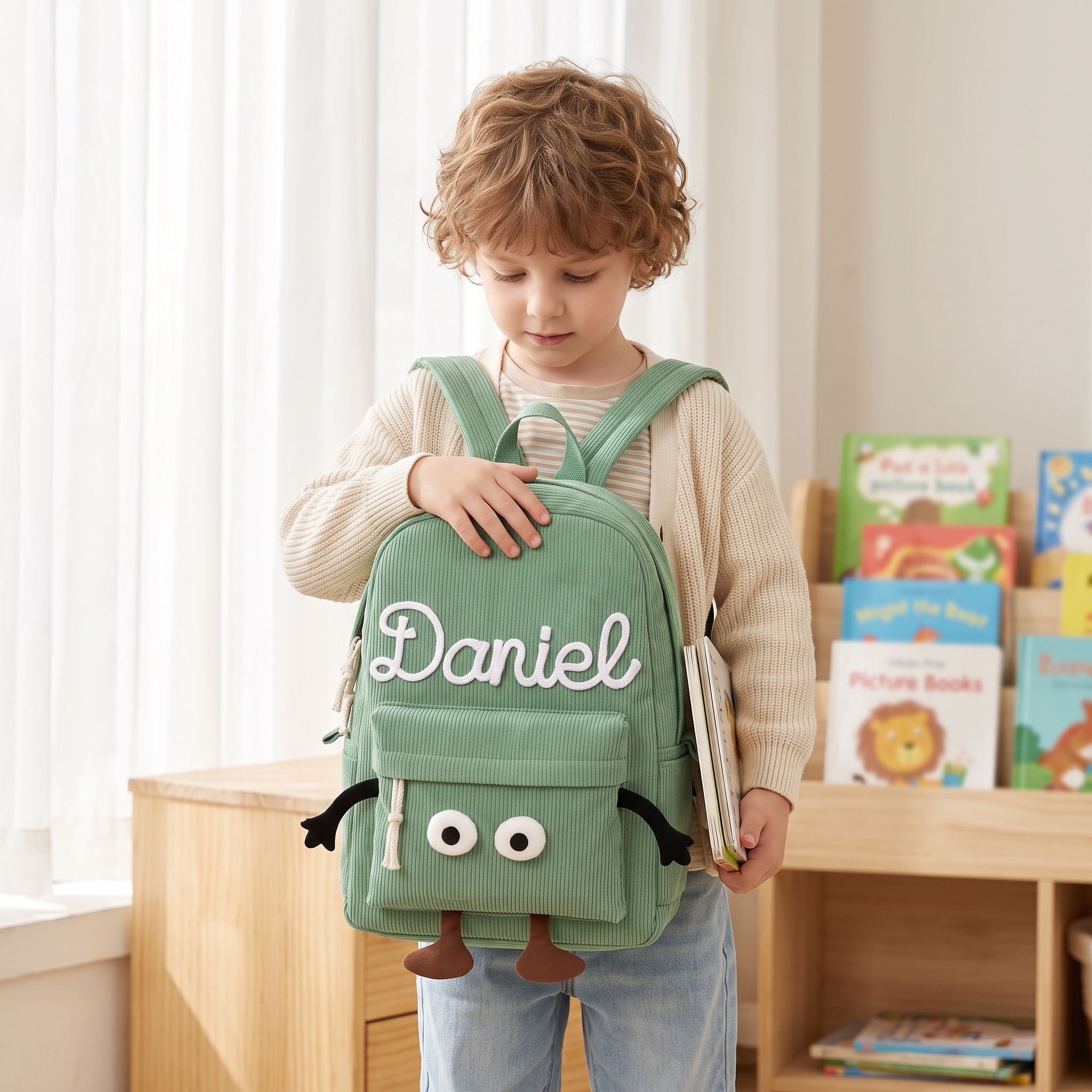 Personalisierter Kinderrucksack mit Namen aus Cord mit lustigem Comic-Gesicht als Geschenk für Kinder