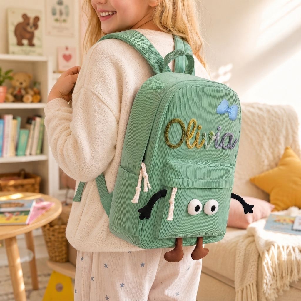 Personalisierter Kinderrucksack mit Namen aus Cord mit lustigem Comic-Gesicht als Geschenk für Kinder