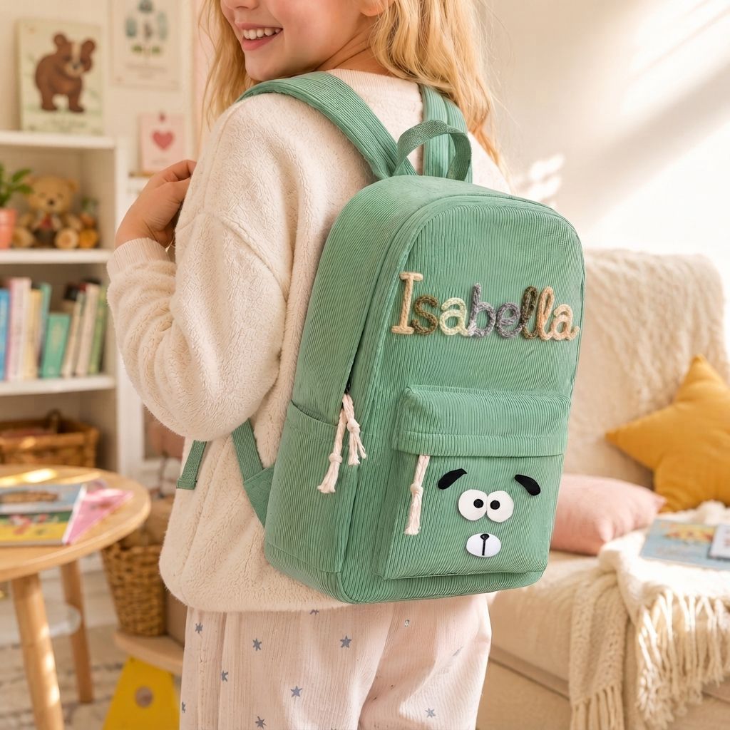 Personalisierter Kinderrucksack mit Namen aus Cord Geschenk für Kinder zum Schulanfang mit Dino oder Hunde-Patch