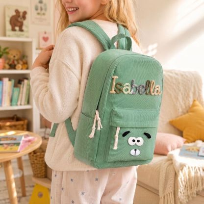 Personalisierter Kinderrucksack mit Namen aus Cord Geschenk für Kinder zum Schulanfang mit Dino oder Hunde-Patch
