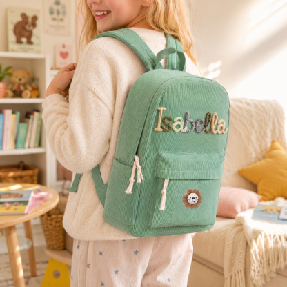 Personalisierter Kinderrucksack mit Namen aus Cord Tier oder Regenbogen-Patch als Geschenk für Kinder