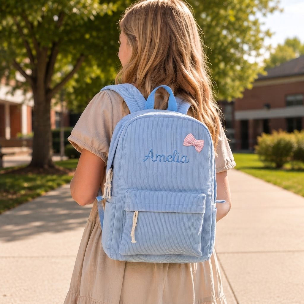 Personalisierter Kinderrucksack mit Namen aus Cord Namensstickerei mit Schleifen-Patch als Geschenk für Kinder