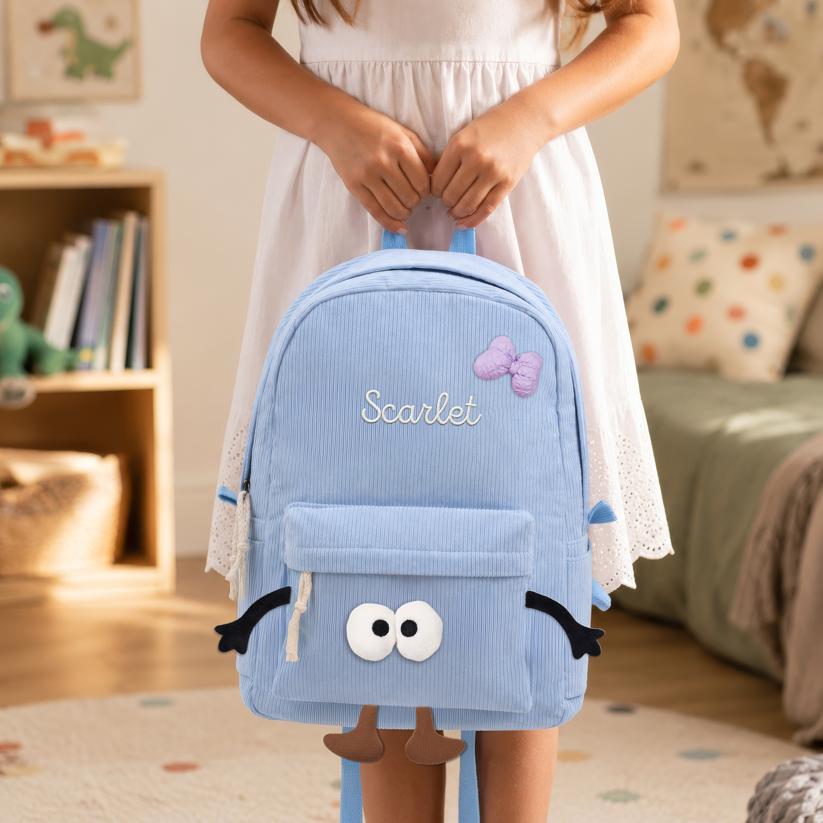 Personalisierter Kinderrucksack mit Namen aus Cord Namensstickerei mit lustigem Gesicht und Schleifen-Patch