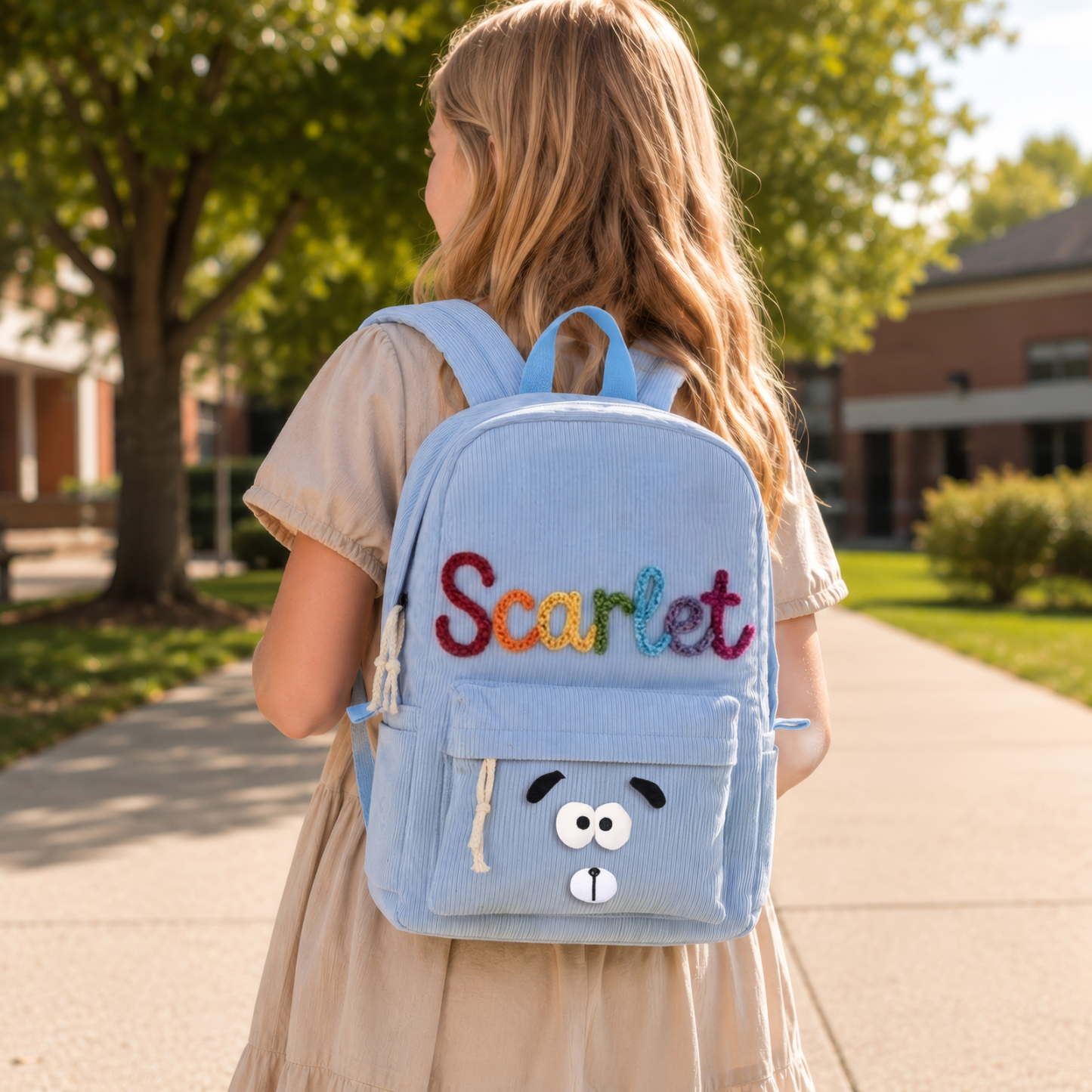 Personalisierter Kinderrucksack mit Namen aus Cord Geschenk für Kinder zum Schulanfang mit Dino oder Hunde-Patch