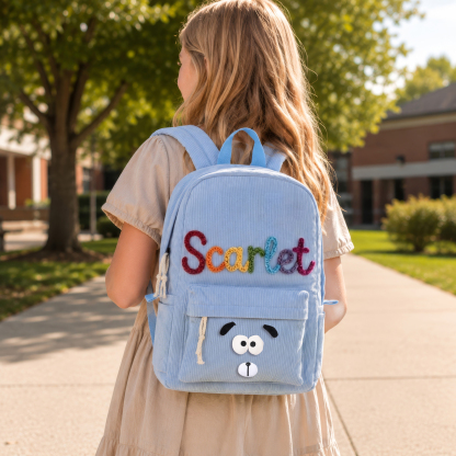 Personalisierter Kinderrucksack mit Namen aus Cord Geschenk für Kinder zum Schulanfang mit Dino oder Hunde-Patch