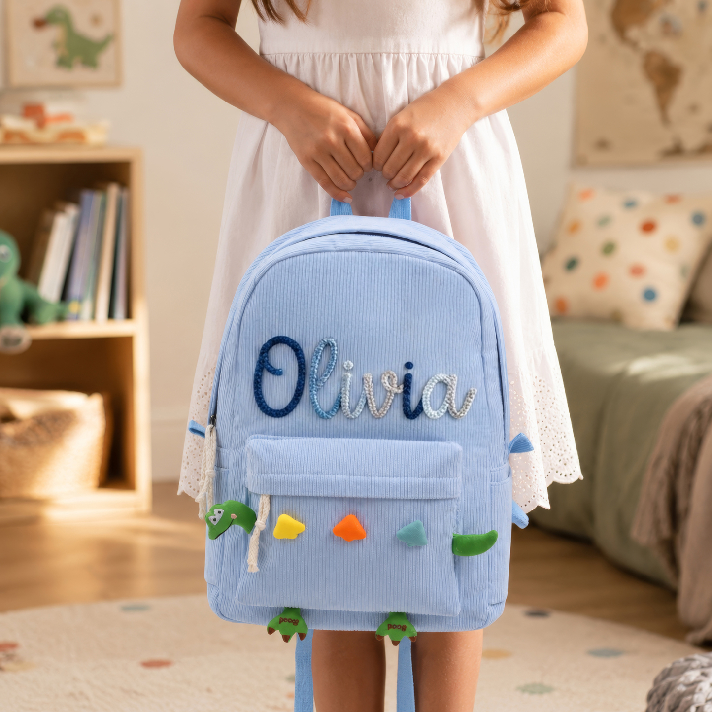 Personalisierter Kinderrucksack mit Namen aus Cord Geschenk für Kinder zum Schulanfang mit Dino oder Hunde-Patch