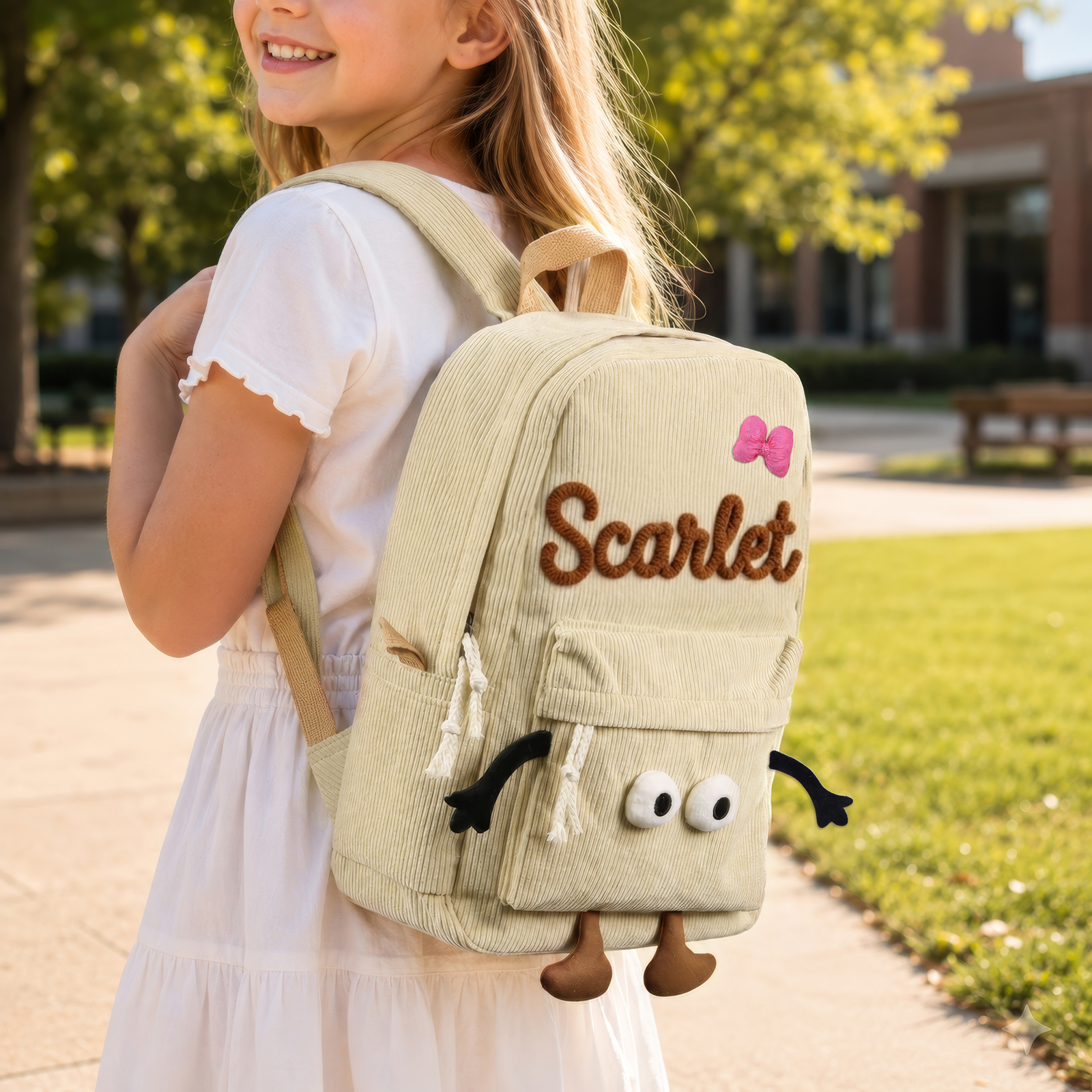 Personalisierter Kinderrucksack mit Namen aus Cord mit lustigem Comic-Gesicht als Geschenk für Kinder