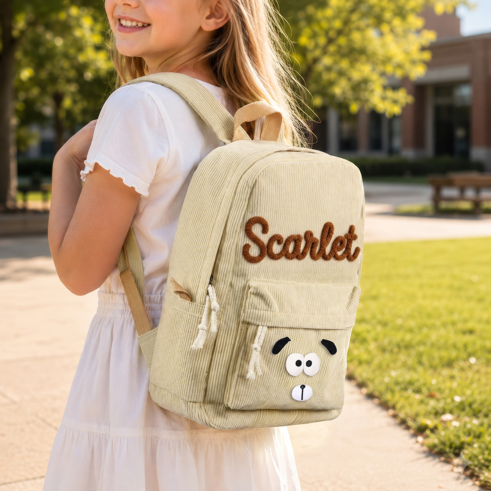 Personalisierter Kinderrucksack mit Namen aus Cord Geschenk für Kinder zum Schulanfang mit Dino oder Hunde-Patch