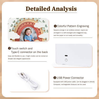 3D Baby‑Geburtsdaten Bilderrahmen mit Licht – personalisierbar, Regenbogen‑Design