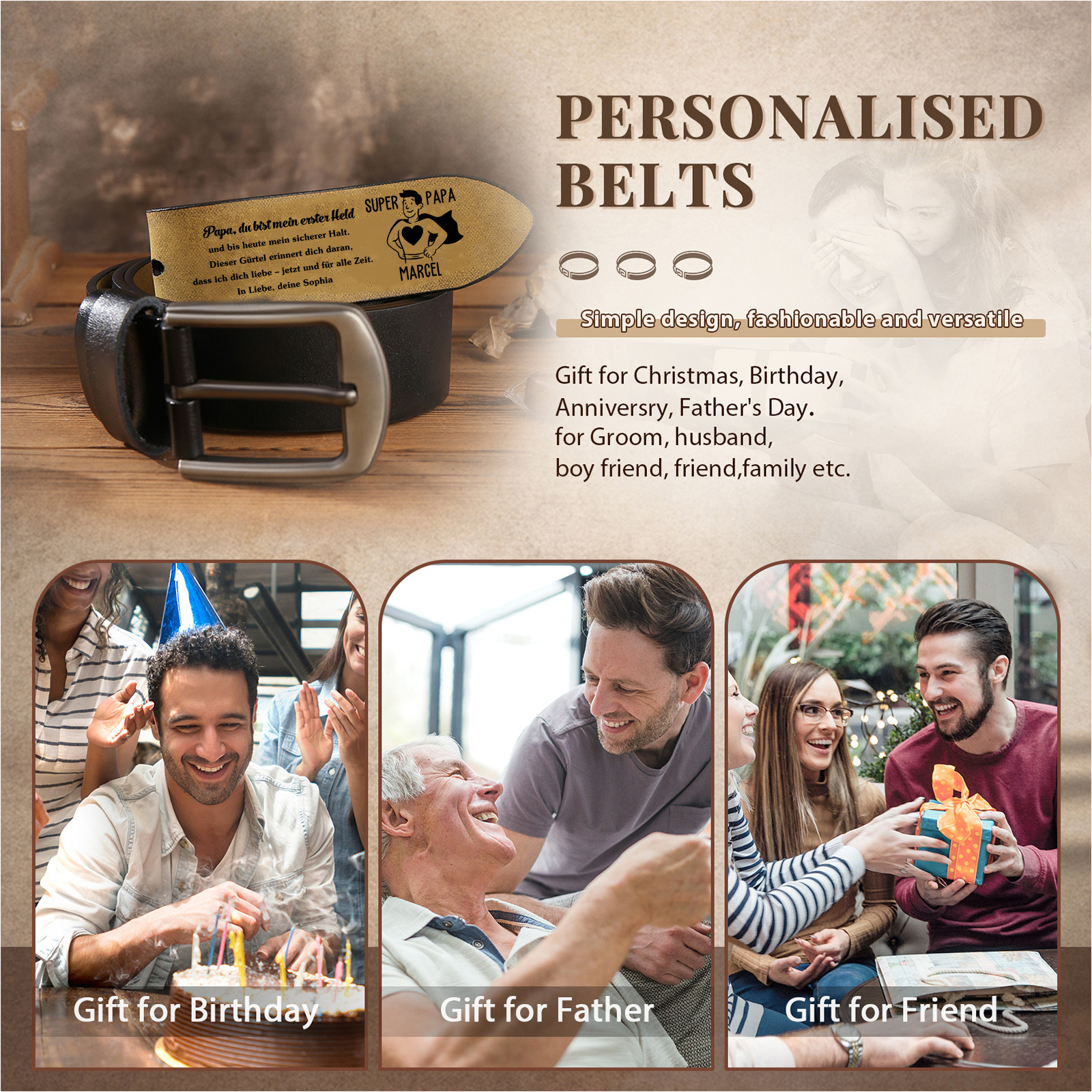 Personalisierter Ledergürtel mit Gravur Super Papa und Namen Herren Gürtel Geschenk zum Vatertag