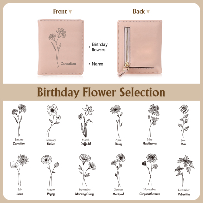 RFID Rosa PU-Leder Blumen-name Damenbörse: Geburtsblumen-Gravurt