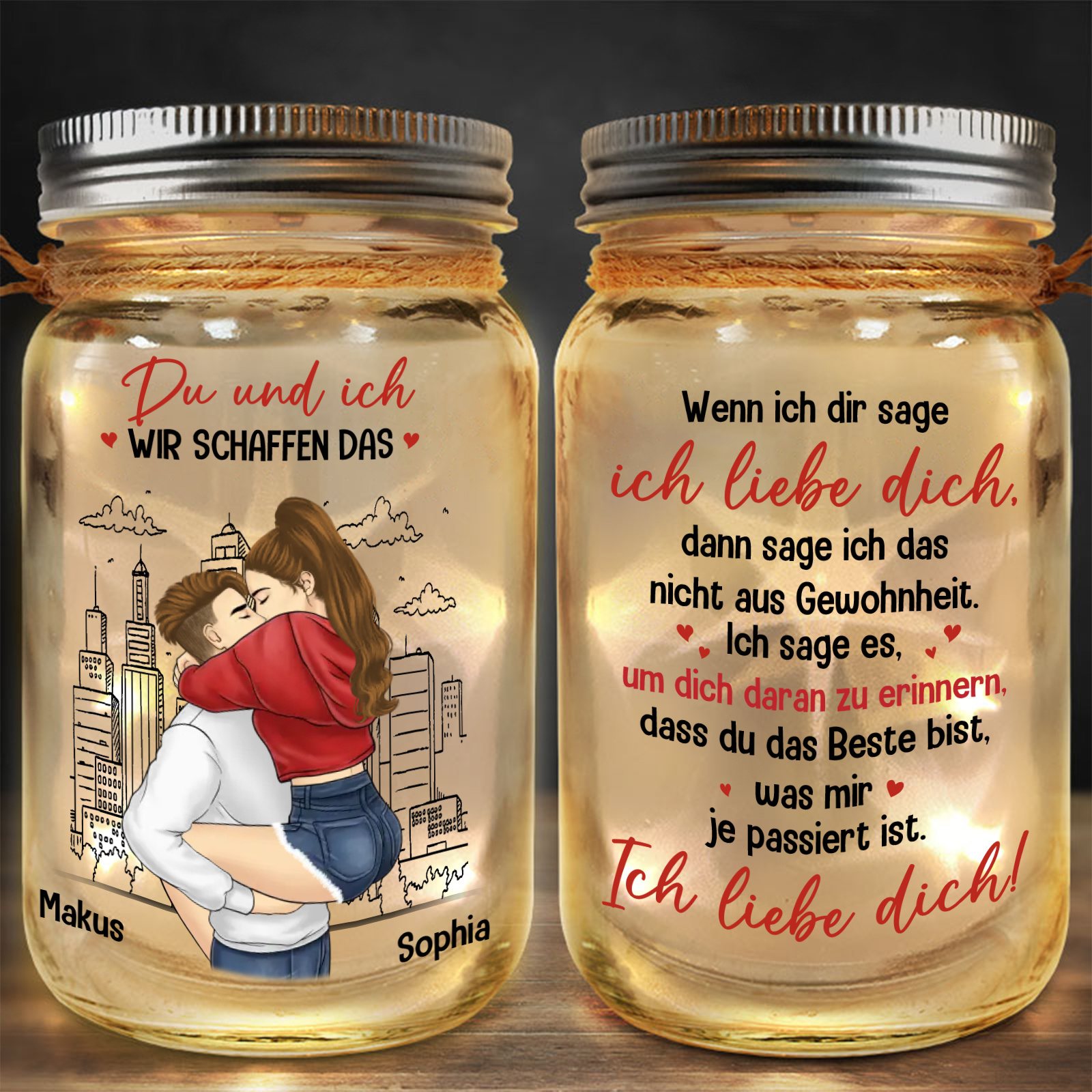 Personalisierte Solar-Einmachglas-Lampe mit umarmendem Paarmotiv – Glasflaschen-Dekorationindividuell mit 2 Figuren und Namen, romantisches Geschenk für Freund oder Freundin zum Jahrestag oder Valenti