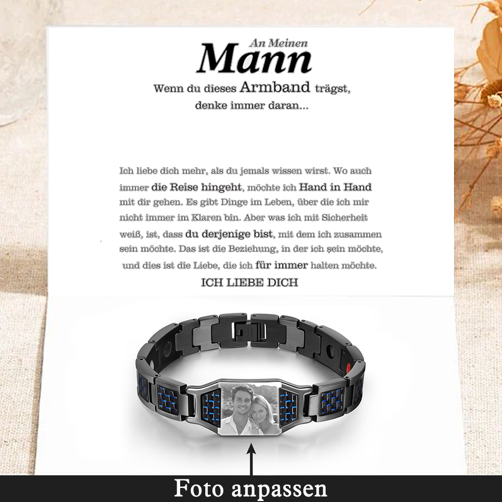 Herren Personalisierbarer Foto Magnetarmband Powerarmband mit 3 Magneten An meinen Mann Geschenk mit Nachrichtenkarte