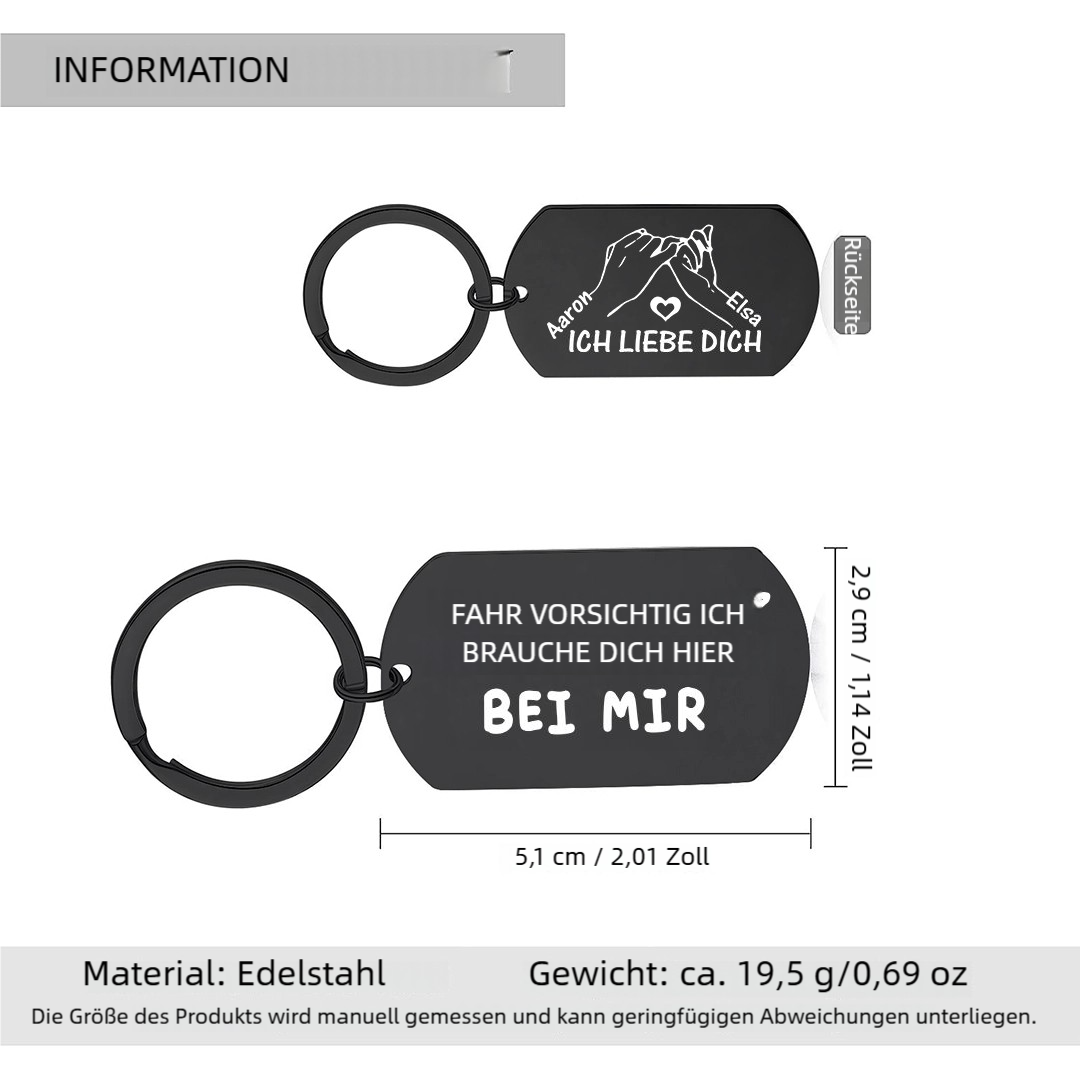 Fahr vorsichtig, ich brauche dich – personalisierter Paar-Schlüsselanhänger, schwarz