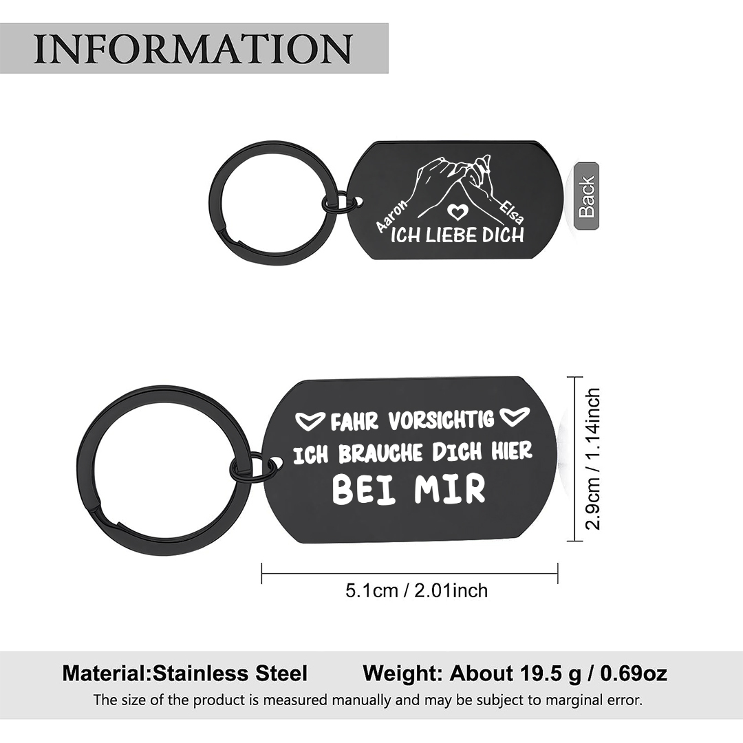 Fahr vorsichtig, ich brauche dich – personalisierter Paar-Schlüsselanhänger, schwarz
