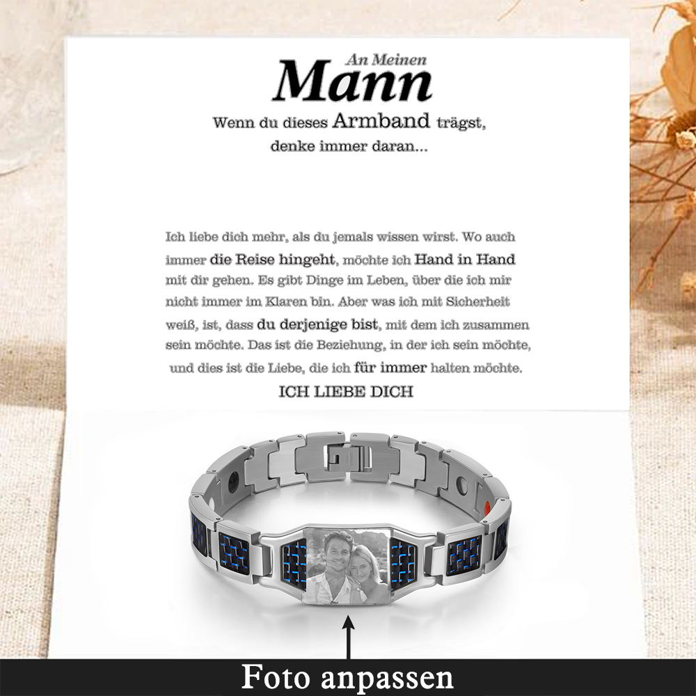 Herren Personalisierbarer Foto Magnetarmband Powerarmband mit 3 Magneten An meinen Mann Geschenk mit Nachrichtenkarte