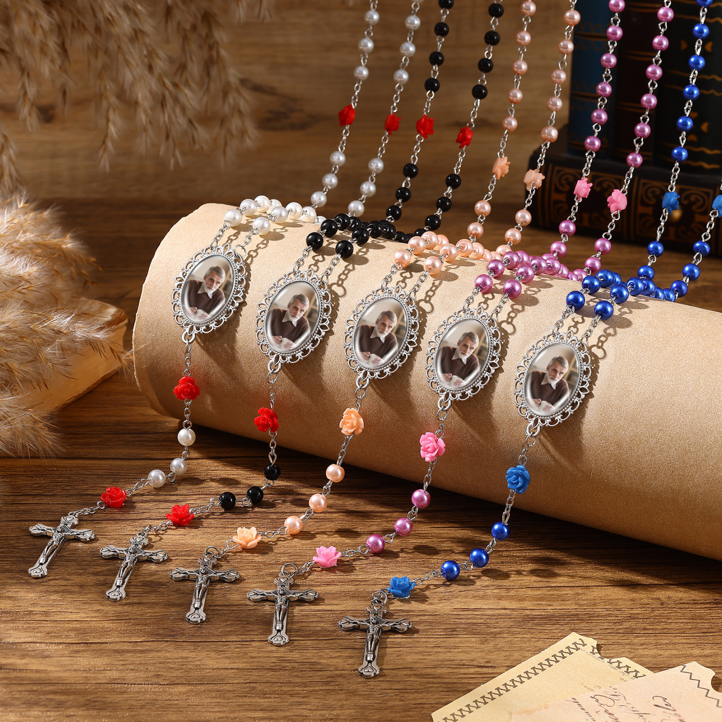 Personalisierter Rosenkranz mit Foto, Kreuz und Perlen religiöses Andenken
