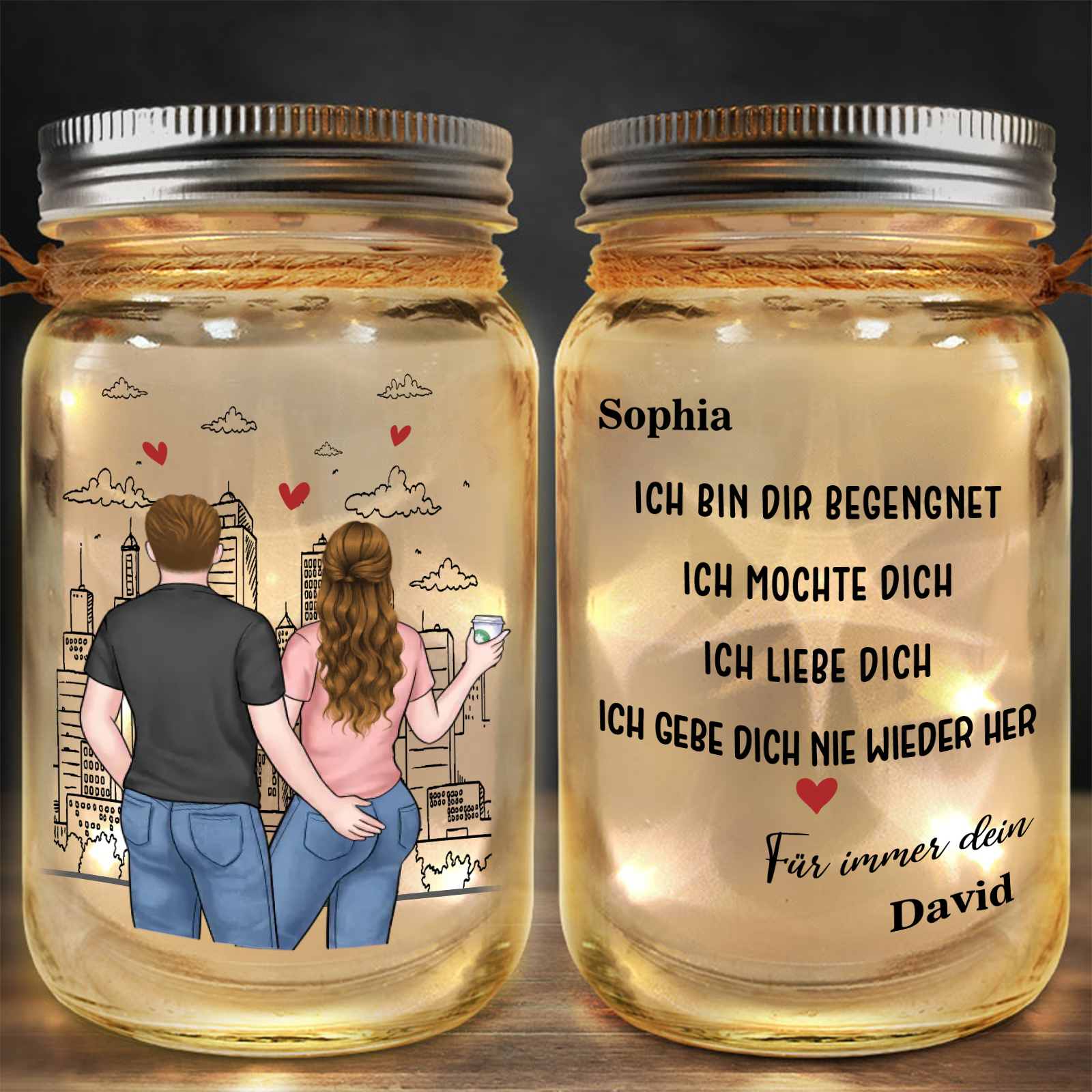 Personalisierte LED-Solar-Glaslampe im Einmachglas mit romantischem Stadtmotiv und zwei Namen personalisierten 2 Figuren und Namen Romantisches Geschenk für Freund oder Freundin Kettenmachen