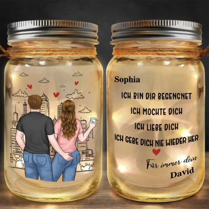 Personalisierte LED-Solar-Glaslampe im Einmachglas mit romantischem Stadtmotiv und zwei Namen personalisierten 2 Figuren und Namen Romantisches Geschenk für Freund oder Freundin Kettenmachen