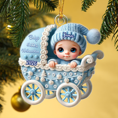 Personalisierte Weihnachtsanhänger in Form eines Kinderwagens für Babys erstes Weihnachten