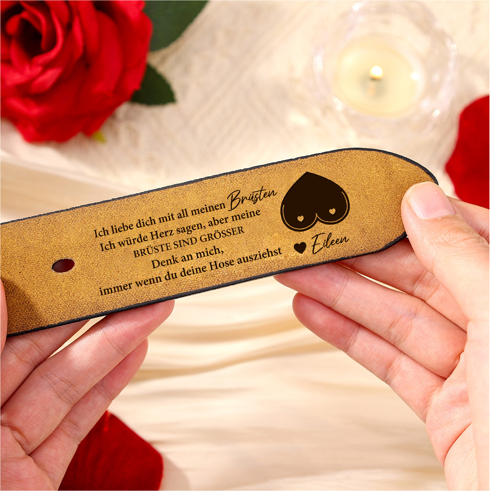 Personalisierter Herrenledergürtel mit geheimer Liebesbotschaft innen, graviertes Rindsleder