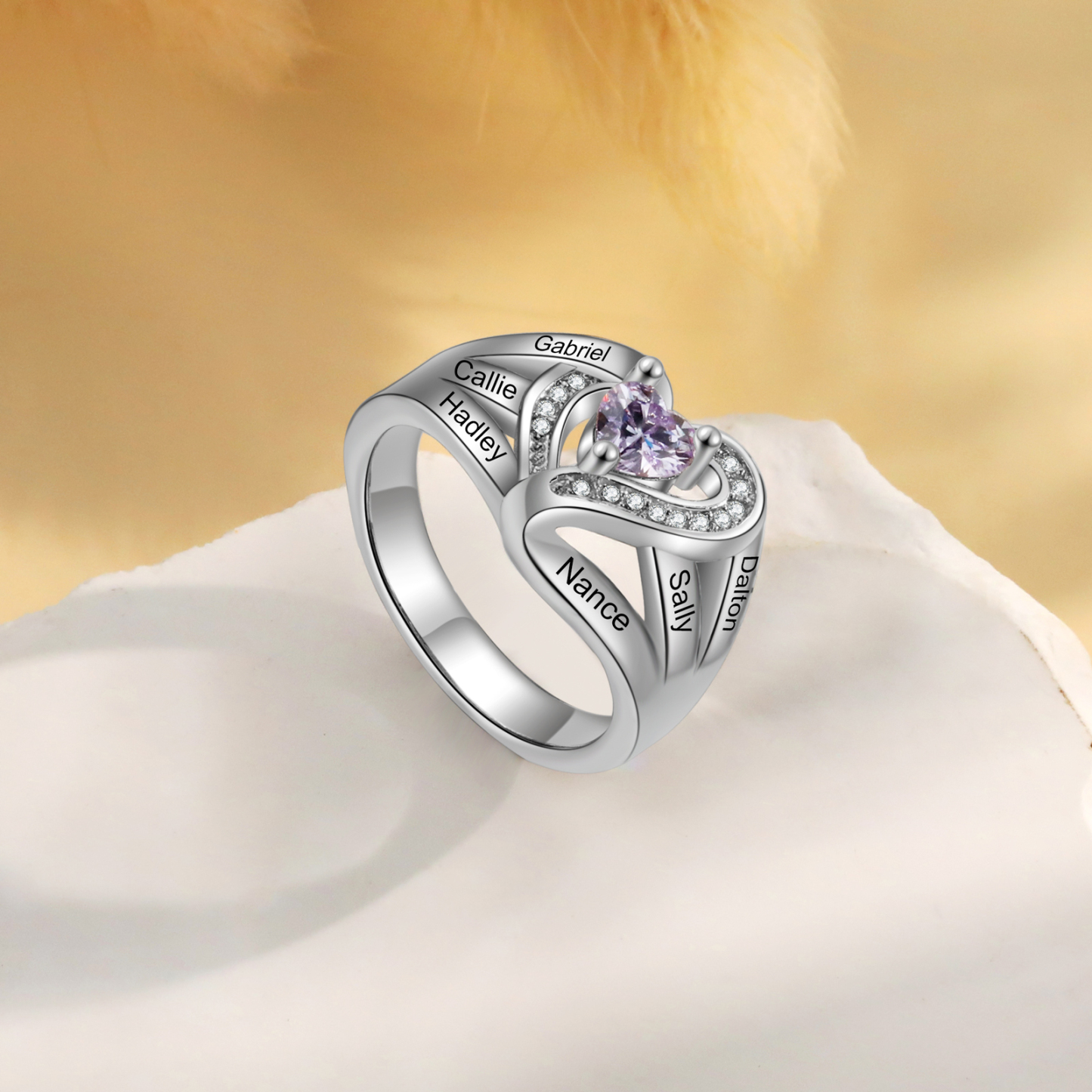 “Personalisierter Herzring für Damen mit 2–6 Namen & 1 Geburtsstein