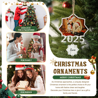 Personalisierter Foto-Stern Christbaumanhänger, mit Datum und 1-4 Namen aus Holz & Acryl, Weihnachtsanhänger, Ornament