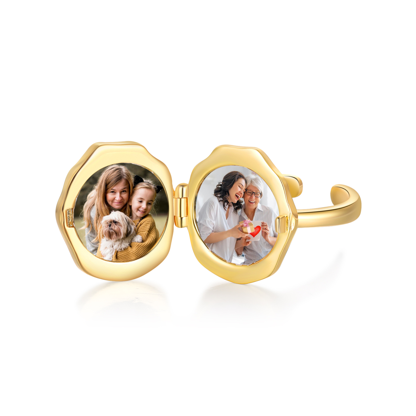 Personalisierter Medaillon-Ring mit Engel-Relief und 2 Fotos