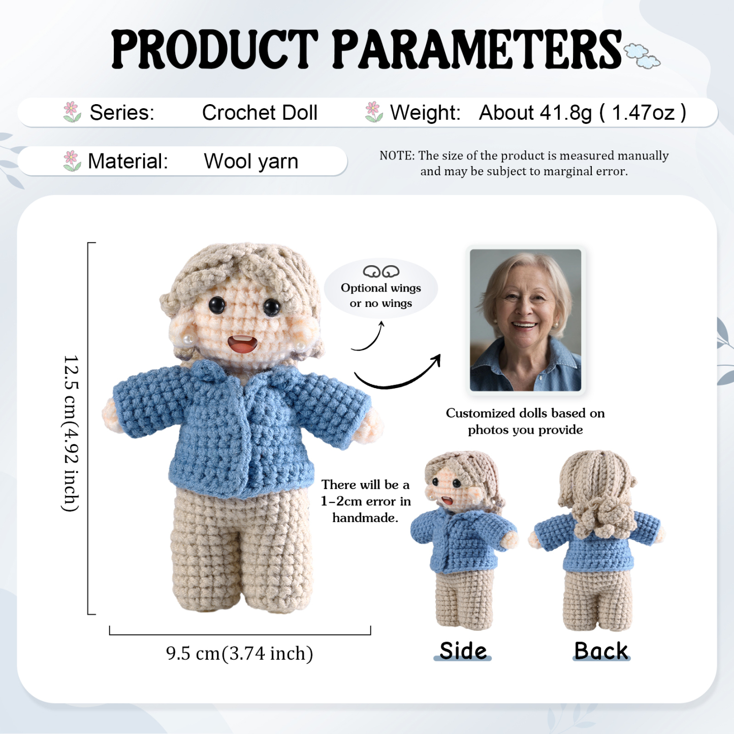 Handgefertigter Personalisierter Foto Häkelpuppe aus Garn mit Kleid zum Verkauf