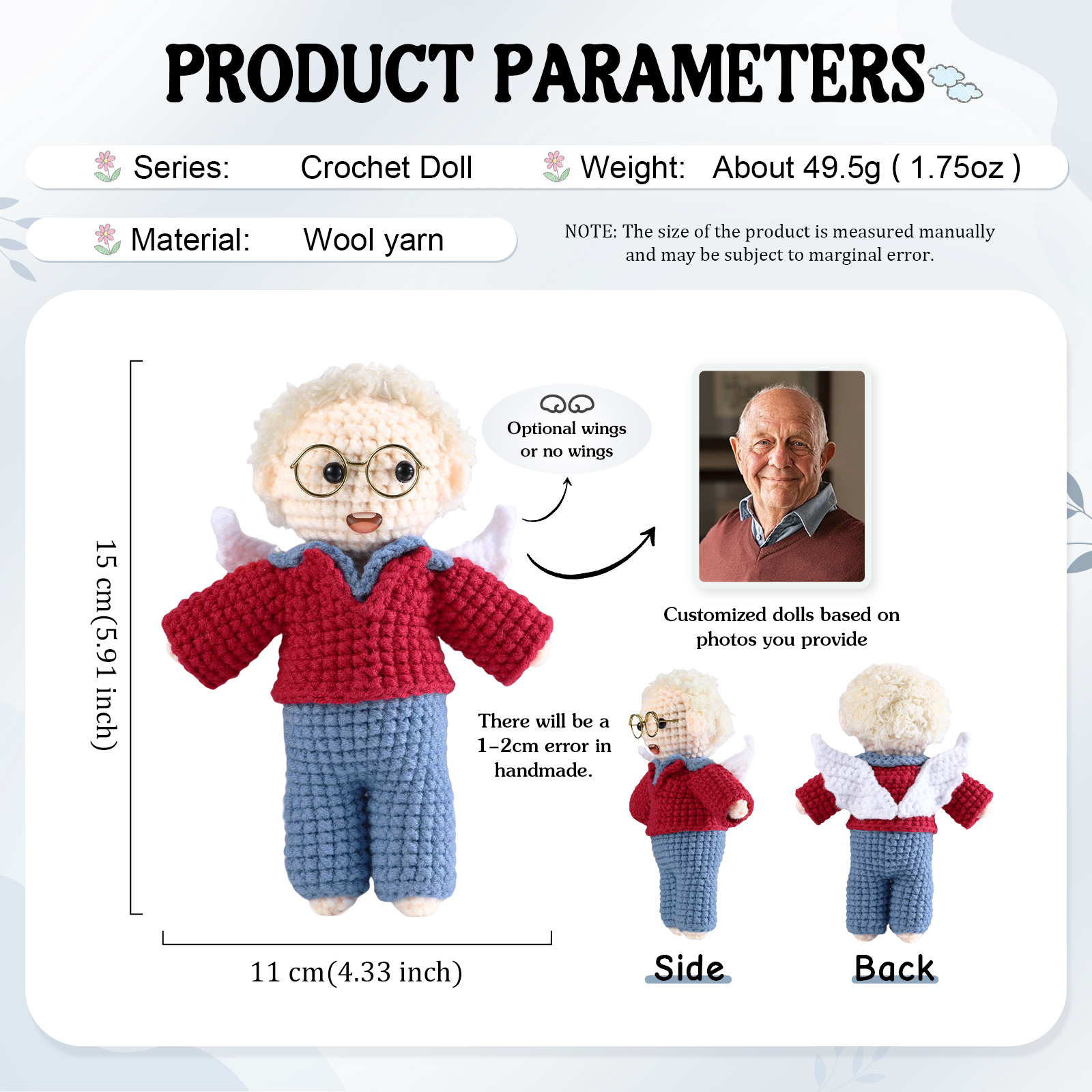 Handgefertigter Personalisierter Foto Häkelpuppe aus Garn mit Kleid zum Verkauf