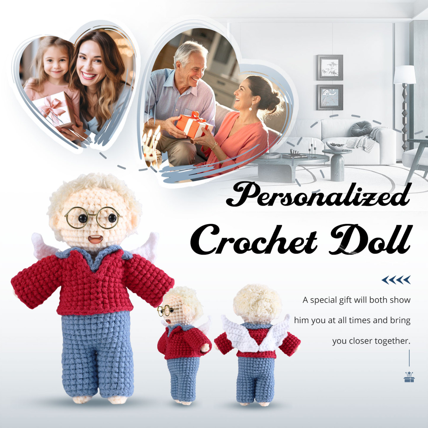 Handgefertigter Personalisierter Foto Häkelpuppe aus Garn mit Kleid zum Verkauf