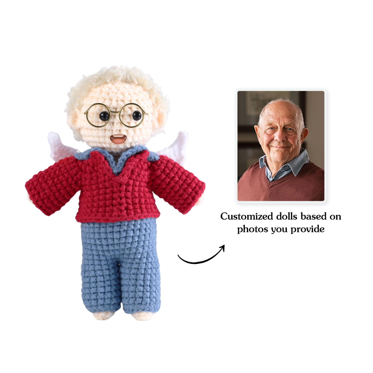 Handgefertigter Personalisierter Foto Häkelpuppe aus Garn mit Kleid zum Verkauf