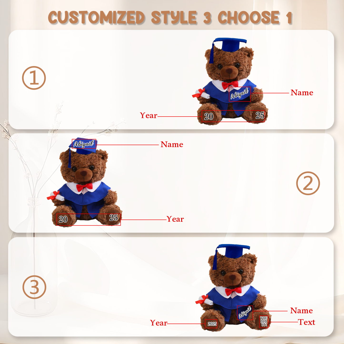 Personalisierbar 3 Stile mit Jahr & Name & Text Abschlussbär Bär Ornament ABI Geschenk Dekoration