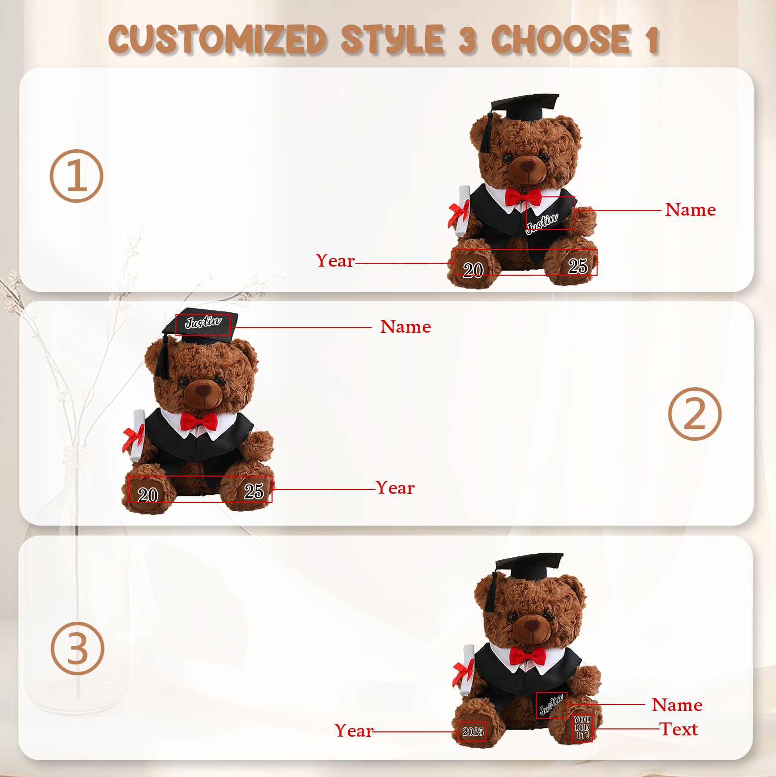 Personalisierbar 3 Stile mit Jahr & Name & Text Abschlussbär Bär Ornament ABI Geschenk Dekoration