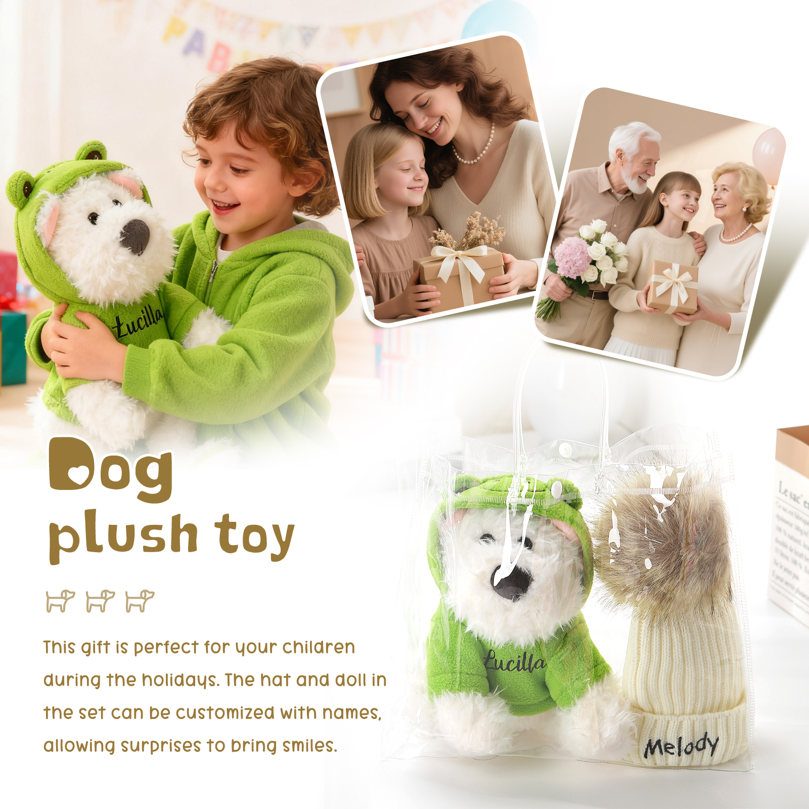 Personalisiertes Set aus Plüschhund und Mütze – Namensstickerei auf Frosch-Hoodie & Bommelmütze