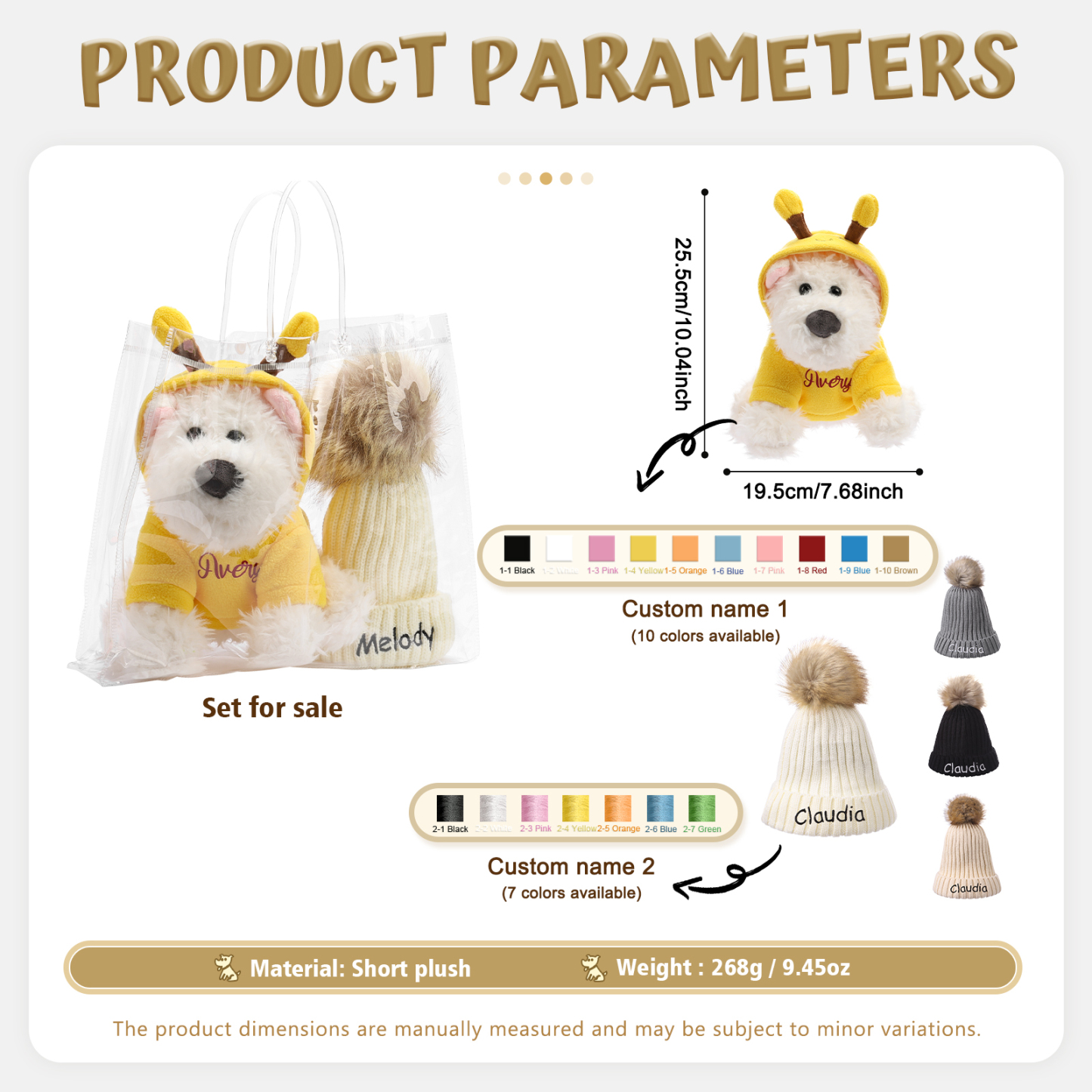 Personalisiertes Set aus Plüschhund und Mütze – Namensstickerei auf Bienen‑Hoodie & Bommelmütze