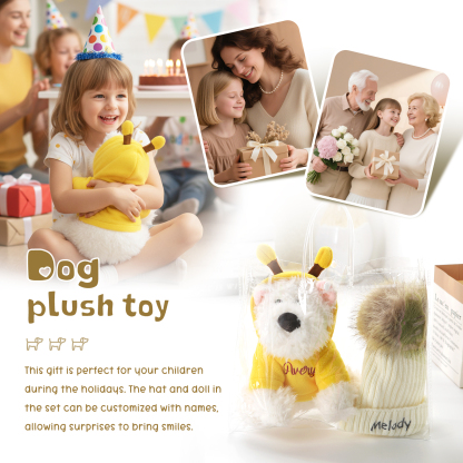 Personalisiertes Set aus Plüschhund und Mütze – Namensstickerei auf Bienen‑Hoodie & Bommelmütze