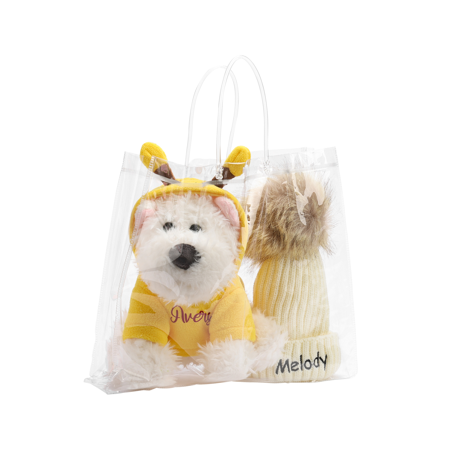 Personalisiertes Set aus Plüschhund und Mütze – Namensstickerei auf Bienen‑Hoodie & Bommelmütze