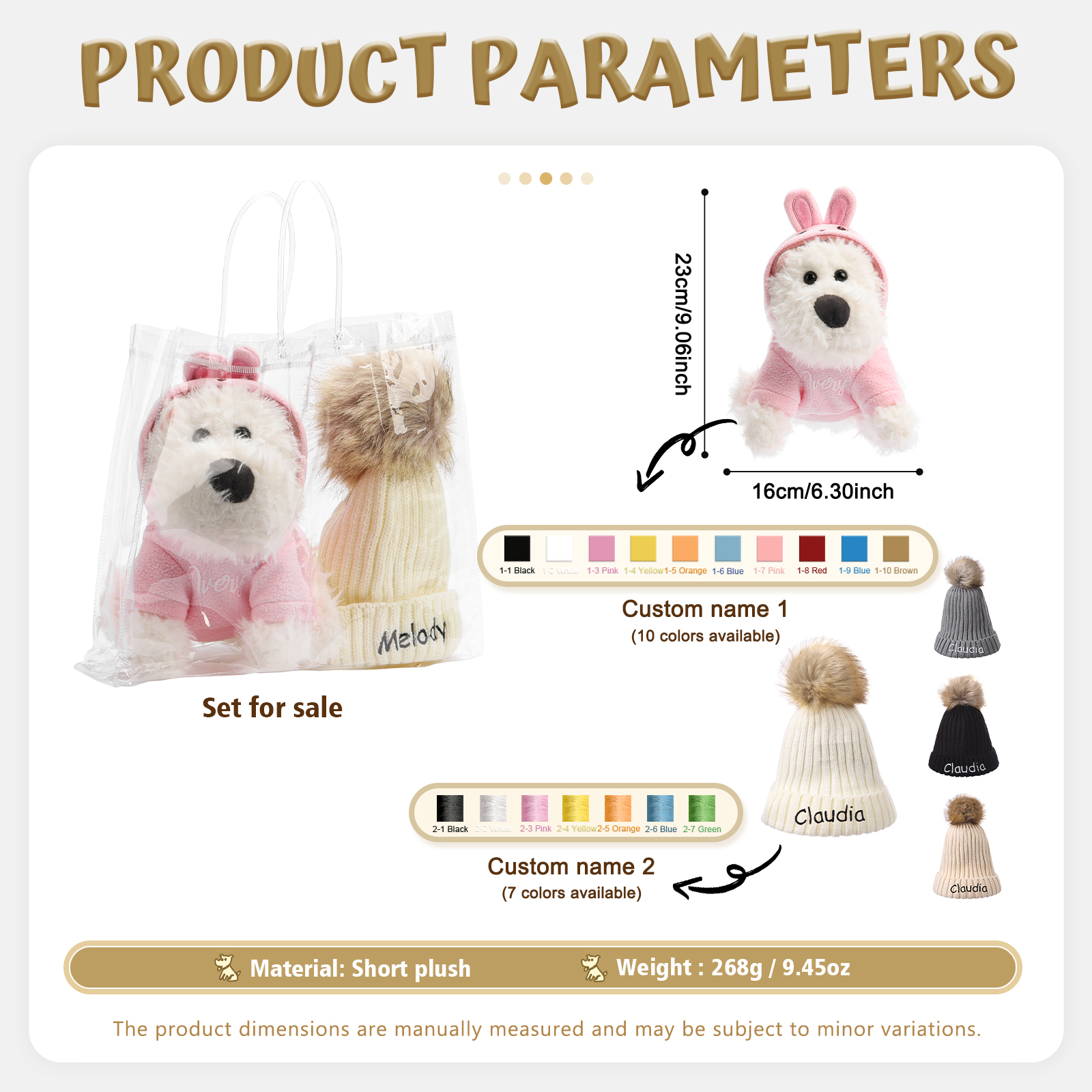Personalisiertes Set aus Plüschhund und Mütze – Namensstickerei auf Hasen‑Hoodie & Bommelmütze