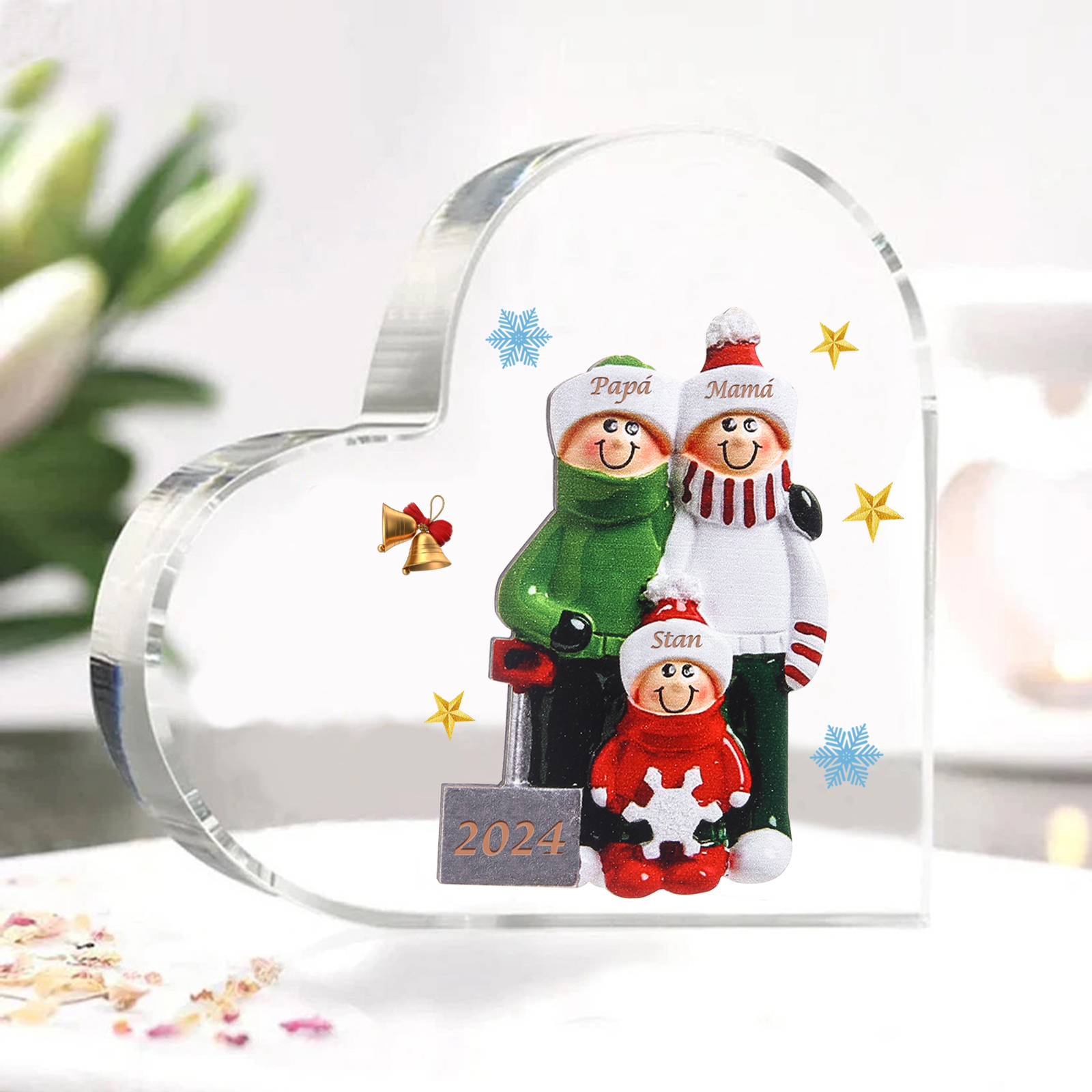 Personalisiertes Acrylherz Schneeschaufel-Familie mit 2-8 Namen & Jahr