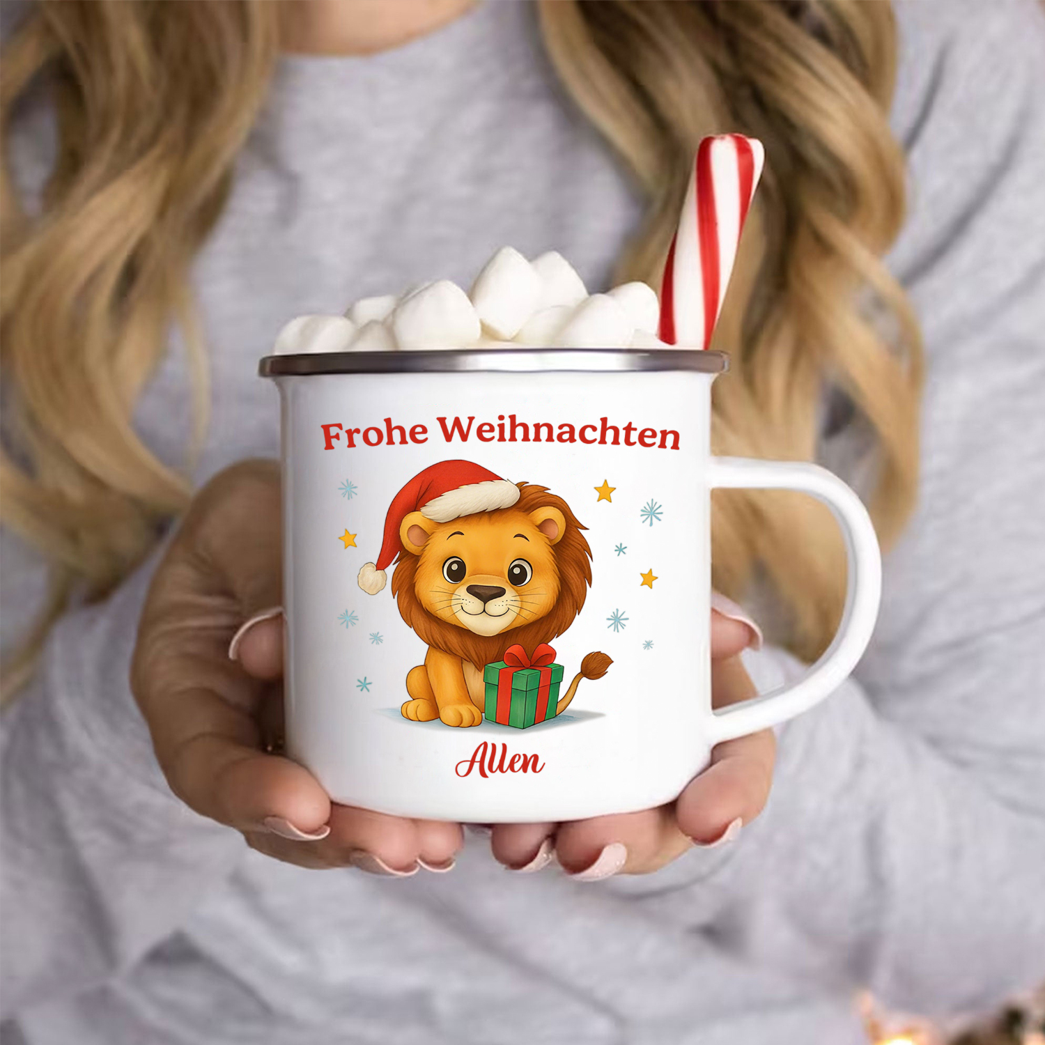 Personalisiert Weihnachts-Emailletasse, Tiermotiv — “Frohe Weihnachten”