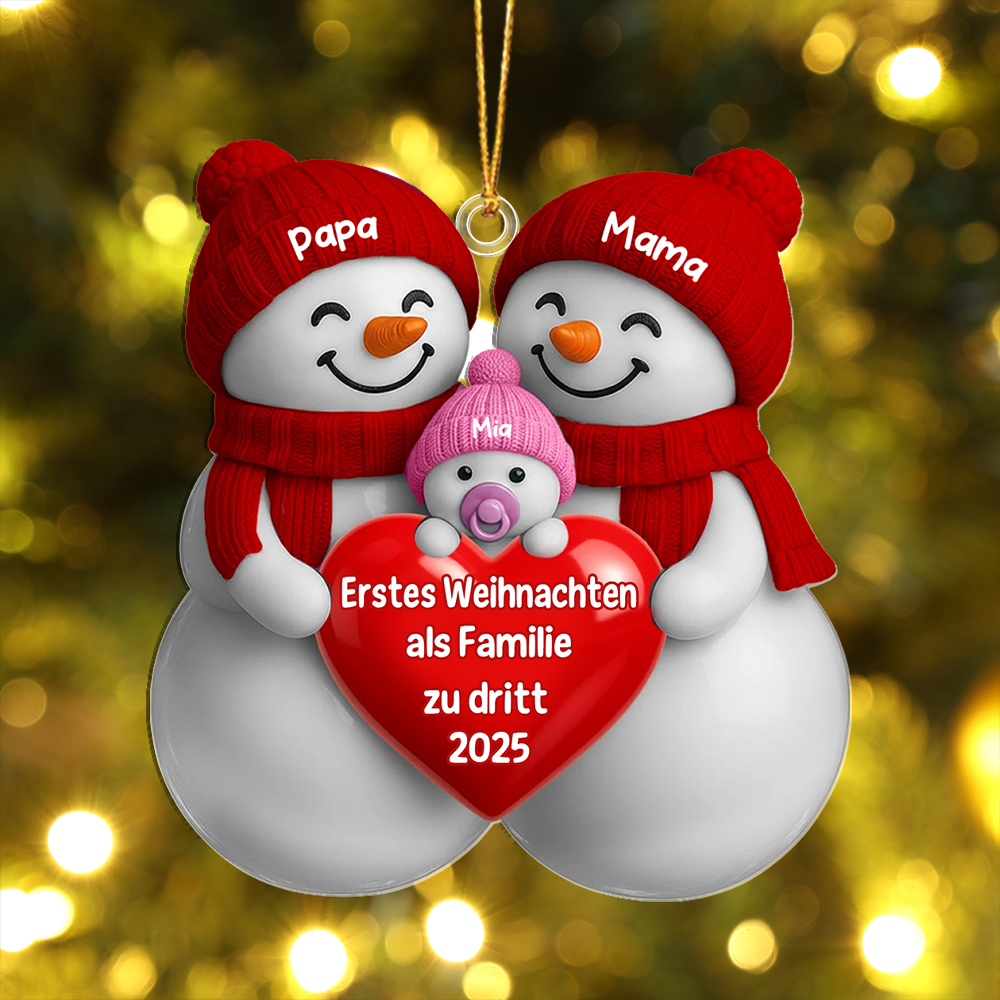 Personalisierter Weihnachtsanhänger mit drei Schneemännern und Herzmotiv