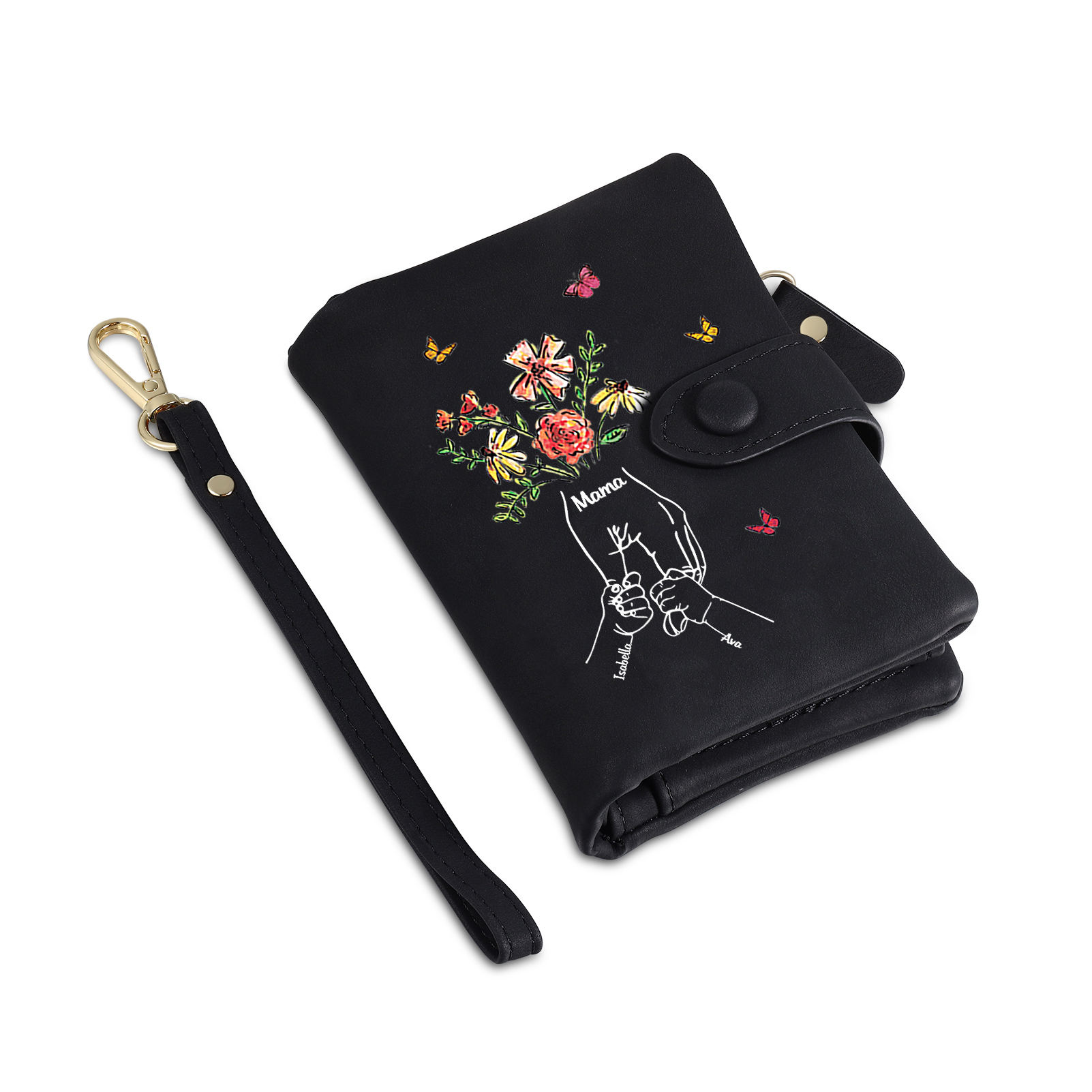 Personalisierte PU-Leder-Geldbörse mit Blumen und Hand-in-Hand-Motiv sowie 2–6 Namen – liebevolles Geschenk für Mama