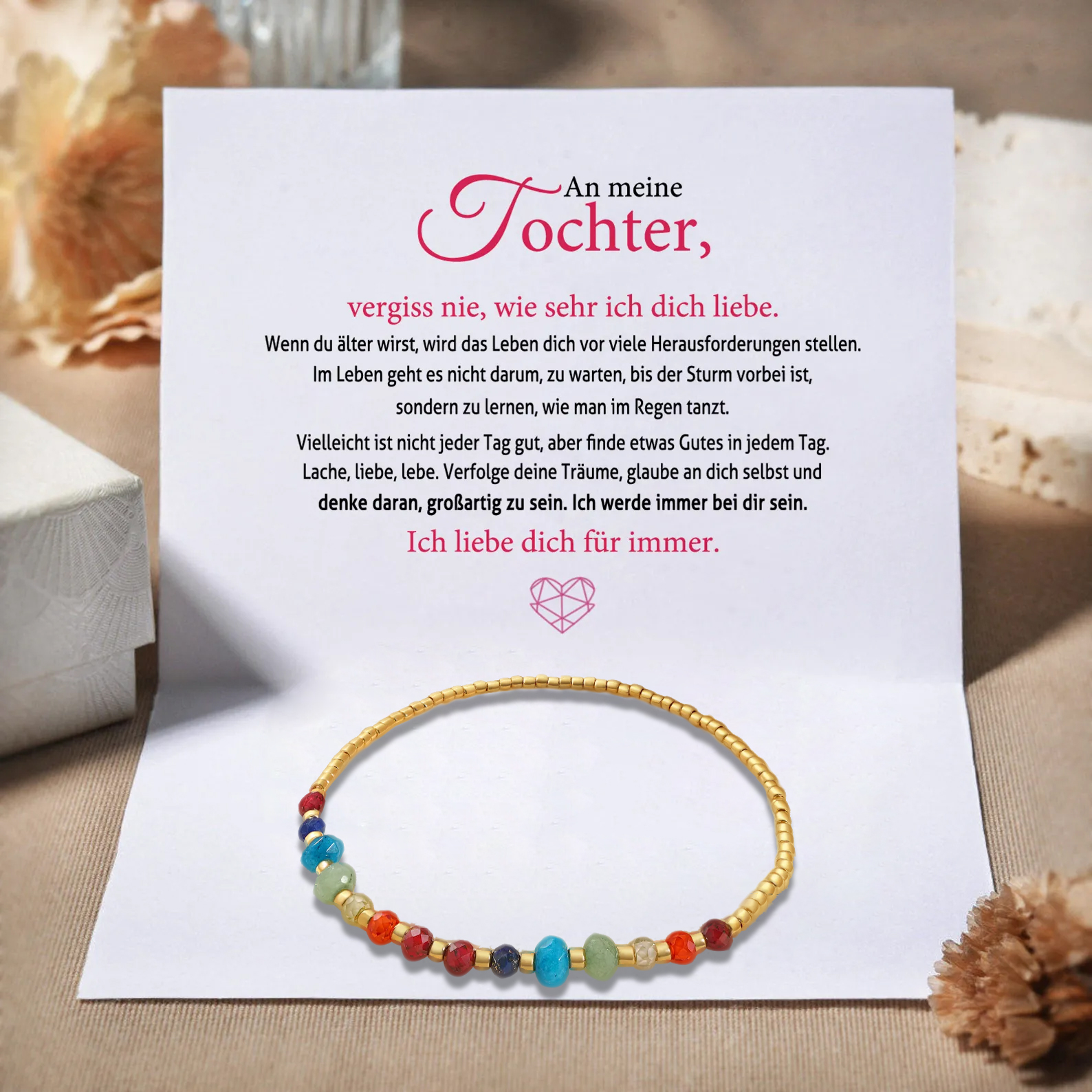 Bunter Naturstein Glasperlen Armband-An meine Tochter, vergiss nie, wie sehr ich dich liebe-Geschenk mit Nachrichtenkarte 