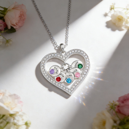 Personalisierte Halskette mit Herzanhänger 1 bis 5 Namen und Geburtssteinen Geschenk für Damen