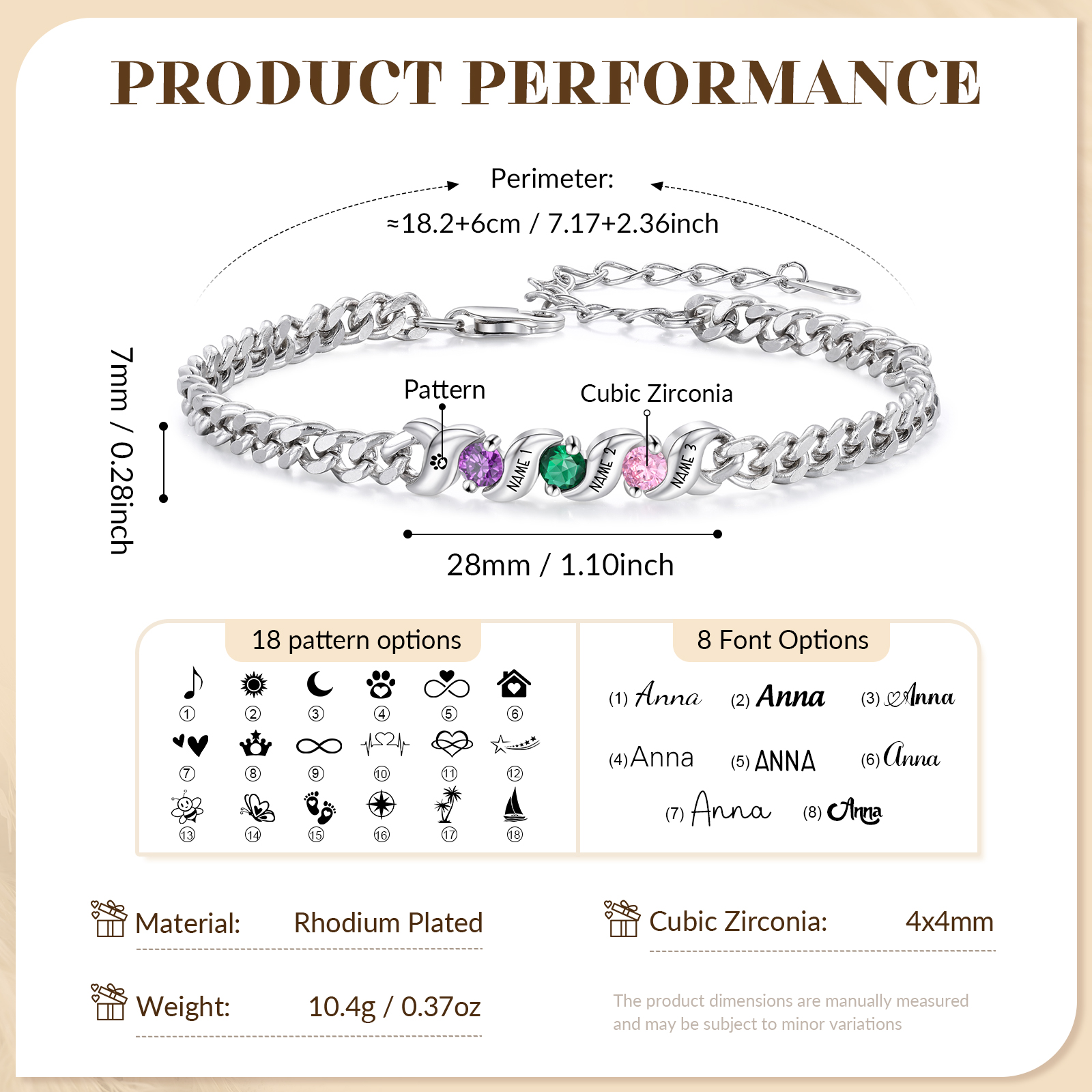 Personalisiertes Cuban Link Armband mit 1–5 Namen und Geburtssteinen