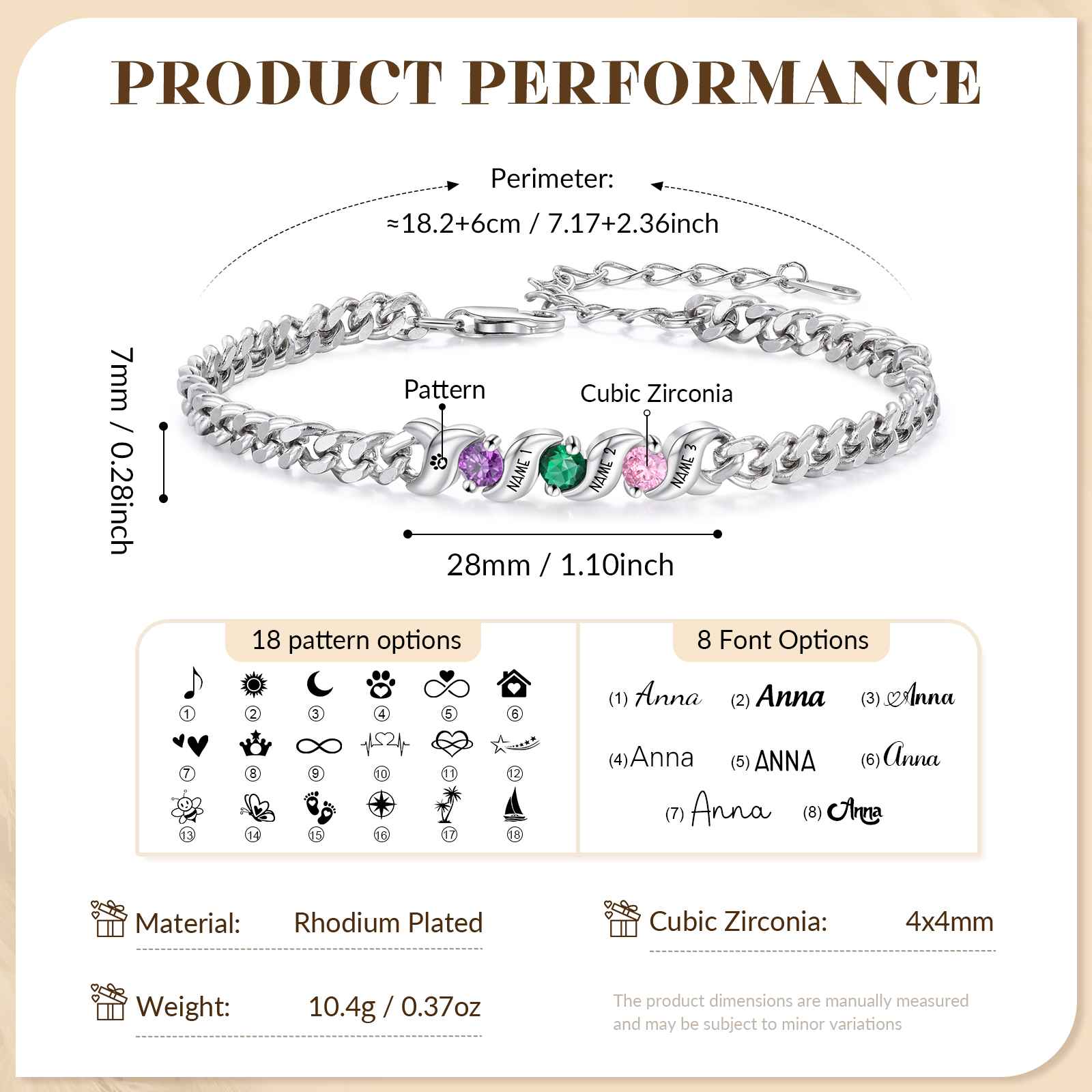 Personalisiertes Cuban Link Armband mit 1–5 Namen und Geburtssteinen