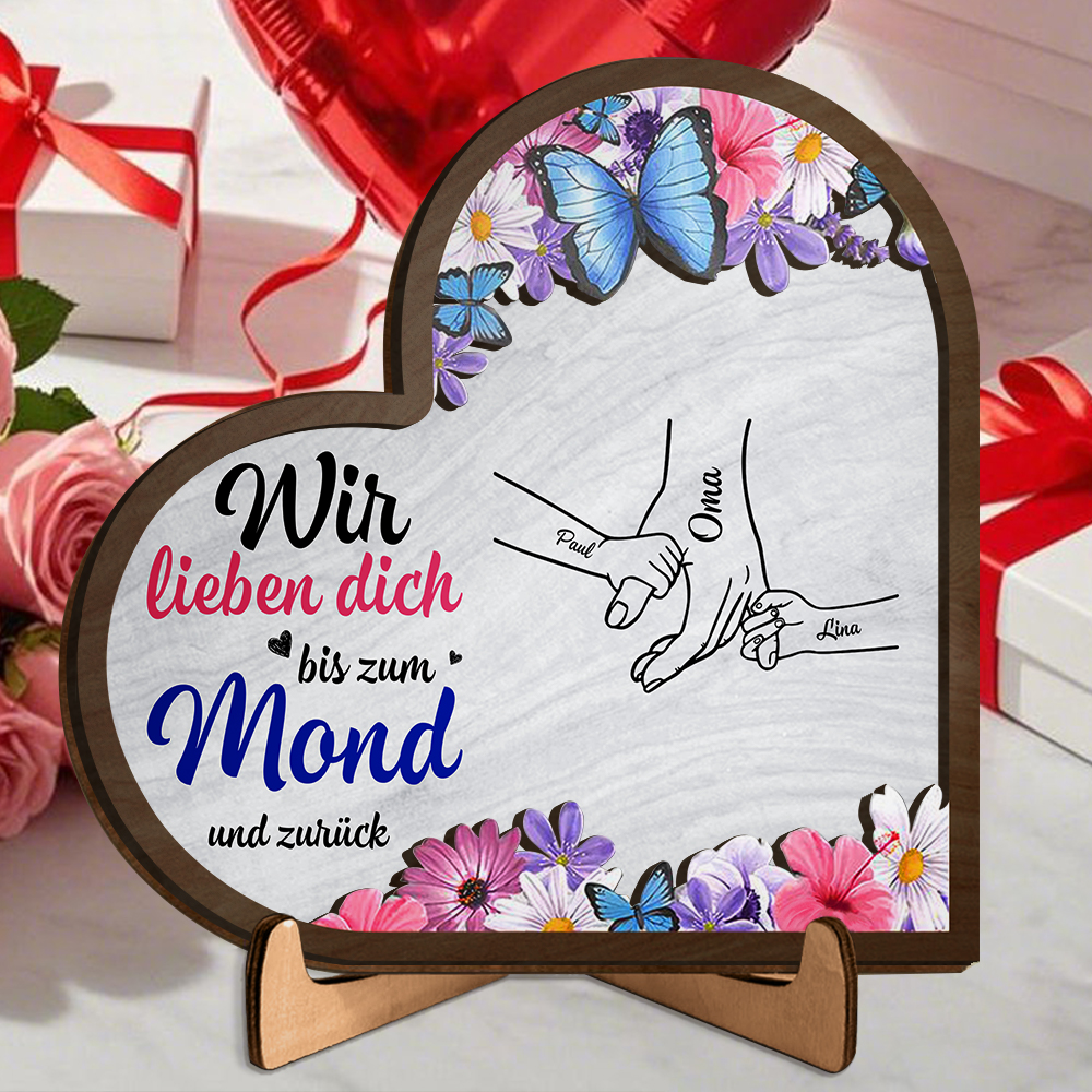 Personalisiertes Herz-Holzschild mit Namen und Händen – „Wir lieben dich bis zum Mond und zurück“ – Geschenk für Oma & Mama